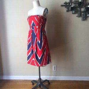 Anthropologie dress in bold red white and blue.